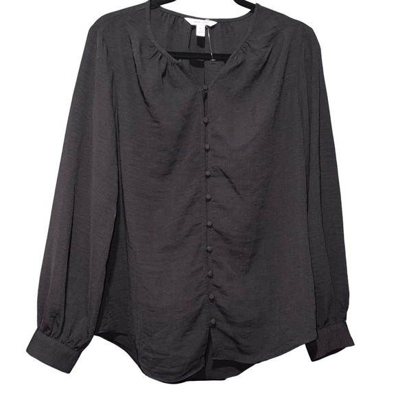 Nine West Black Ruffled Mandarin Collar Button Blouse NWOT - Picture 1 of 5